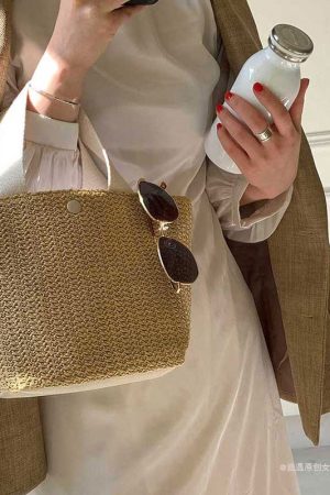 Trendy Woven Straw Tote Bag for Women - Versatile Beach Vacation Fairy Style French Design, 2025 Collection