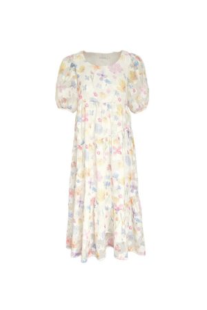 Twilight Galaxy Floral Dress - Women's Vintage French Retro Puff Sleeve Long Dress for Summer Vacation Style
