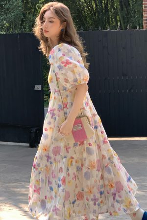 Twilight Galaxy Floral Dress - Women's Vintage French Retro Puff Sleeve Long Dress for Summer Vacation Style