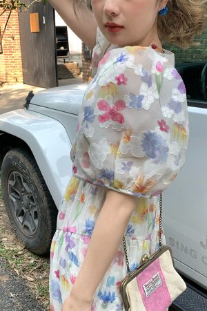 Twilight Galaxy Floral Dress - Women's Vintage French Retro Puff Sleeve Long Dress for Summer Vacation Style