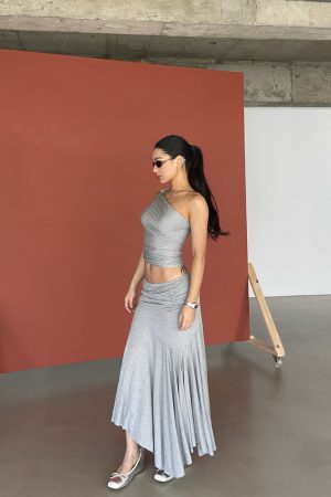 Twisted Tank Top with Built-In Fan Effect and Flowing Skirt - Gray-Scale Fashionable Aesthetics, Y2K Style