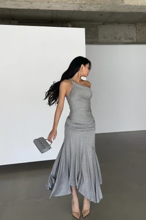 Twisted Tank Top with Built-In Fan Effect and Flowing Skirt - Gray-Scale Fashionable Aesthetics, Y2K Style