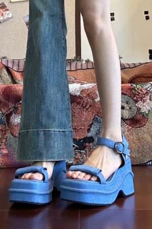 Ultra-Thick Platform Denim Sandals with One-Strap Buckle, Open-Toe Wedge for Petite Women, Roman Beach Style