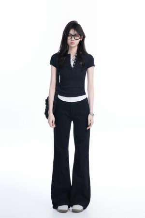 Unique Button Half-Open Collar Faux Two-Piece Short Sleeve T-Shirt for Women - Slim Fit, Casual Style, Trendy Short Length