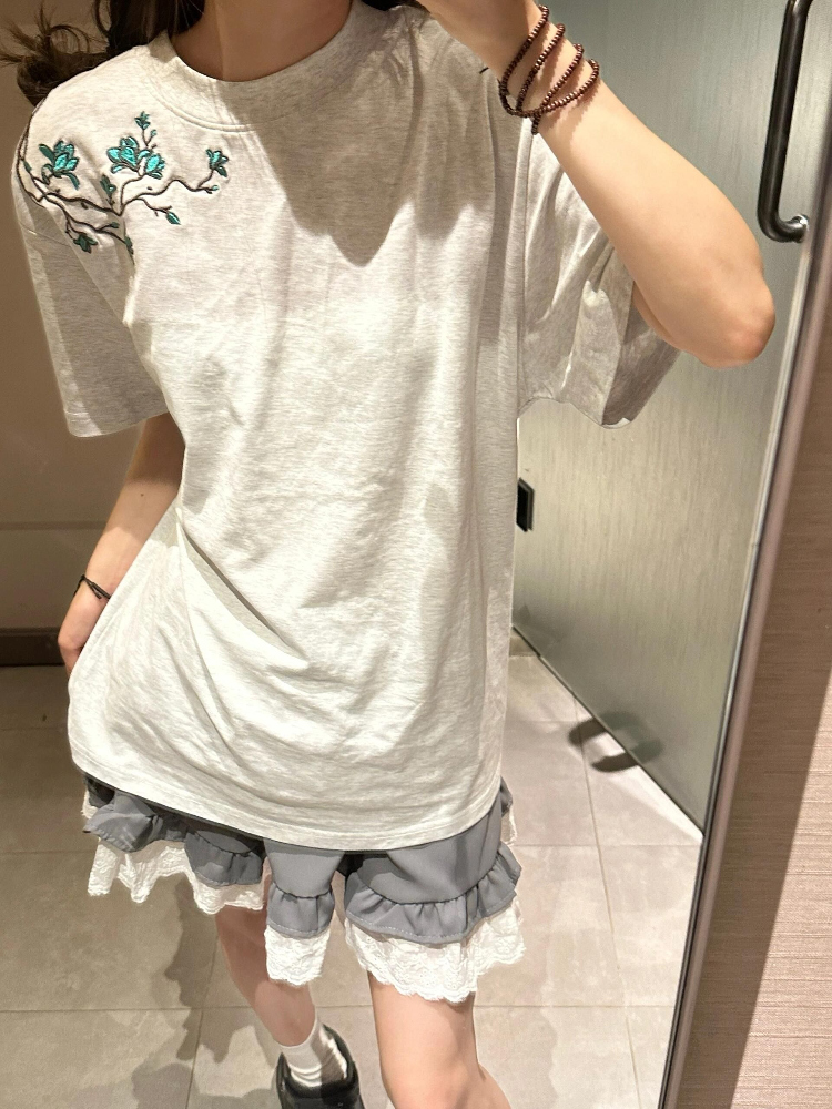 Unique Floral Embroidered Short Sleeve T-Shirt for Women - Retro High-End Summer Tee with Distinctive Shoulder Design Unique Floral Embroidered Short Sleeve T-Shirt for Women - Retro High-End Summer Tee with Distinctive Shoulder Design