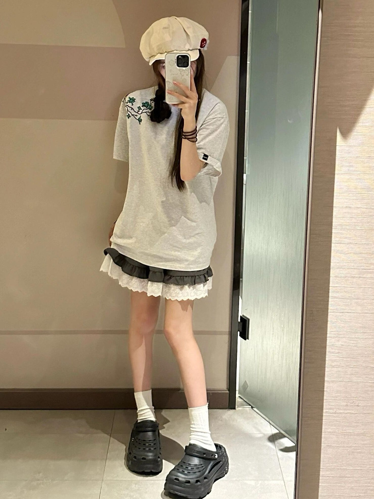 Unique Floral Embroidered Short Sleeve T-Shirt for Women - Retro High-End Summer Tee with Distinctive Shoulder Design Unique Floral Embroidered Short Sleeve T-Shirt for Women - Retro High-End Summer Tee with Distinctive Shoulder Design