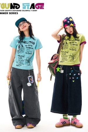 Unique Fun Print Short Sleeve T-Shirt for Women, Summer Slim Fit Casual Top, 90s Inspired Fashion, Trendy Summer Wear