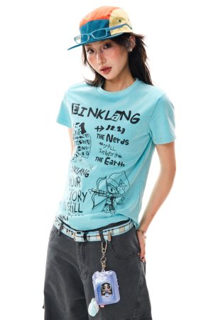 Unique Fun Print Short Sleeve T-Shirt for Women, Summer Slim Fit Casual Top, 90s Inspired Fashion, Trendy Summer Wear