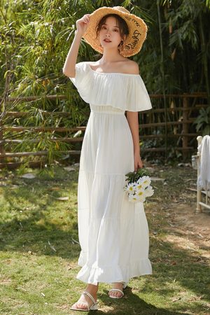 Unique One-Shoulder White Dress for Women - Ultra-Fairy Beach Skirt in First Love Style for Summer Vacations