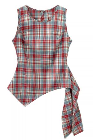 Unique Red Plaid Vest for Women - Sleeveless Summer Top with Ribbon Design, Stylish and Chic Fashion Essential