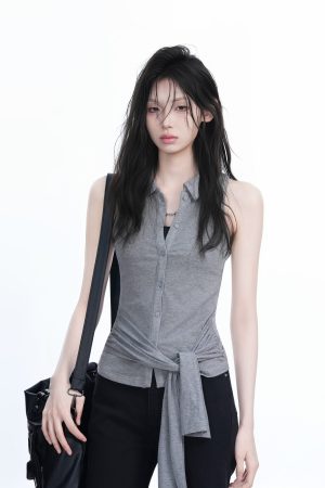 Unique Sleeveless T-Shirt for Women with Cinched Waist and Button Cardigan Design - Trendy Casual Style