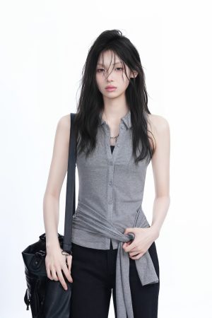 Unique Sleeveless T-Shirt for Women with Cinched Waist and Button Cardigan Design - Trendy Casual Style