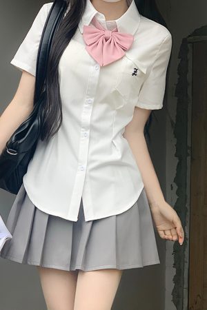 Unique Women's Short Sleeve Pocket Waist JK Shirt in White and Blue - Foldable Design, Casual Style, Perfect for Everyday Wear