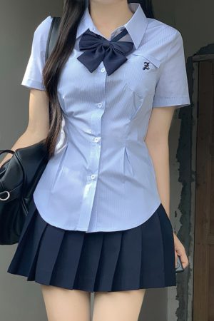 Unique Women's Short Sleeve Pocket Waist JK Shirt in White and Blue - Foldable Design, Casual Style, Perfect for Everyday Wear