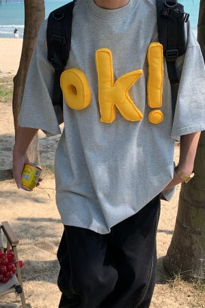 Unisex 3D OK Letter Printed Short Sleeve T-Shirt - Casual Vintage Summer Top, Loose Fit, Perfect for Y2K and Street Style