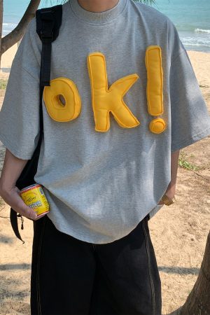 Unisex 3D OK Letter Printed Short Sleeve T-Shirt - Casual Vintage Summer Top, Loose Fit, Perfect for Y2K and Street Style