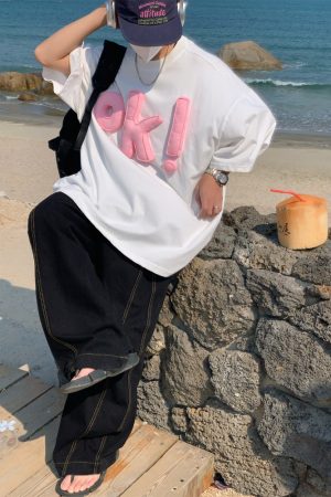 Unisex 3D OK Letter Printed Short Sleeve T-Shirt - Casual Vintage Summer Top, Loose Fit, Perfect for Y2K and Street Style