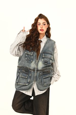 Unisex American Retro Denim Vest Jacket, Stylish Sleeveless Workwear Outerwear for Men and Women, Vintage Inspired