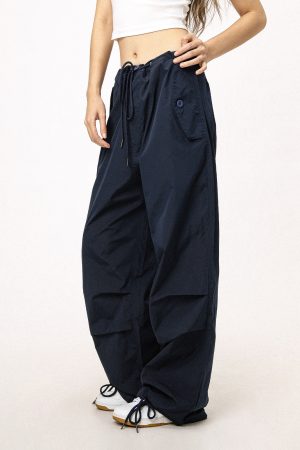 Unisex American Retro Parachute Pants, Street Style Straight Leg Drawstring Loose Fit Casual Trousers, 90s Inspired Fashion