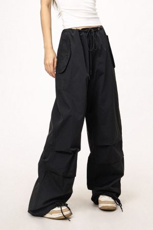 Unisex American Retro Parachute Pants, Street Style Straight Leg Drawstring Loose Fit Casual Trousers, 90s Inspired Fashion