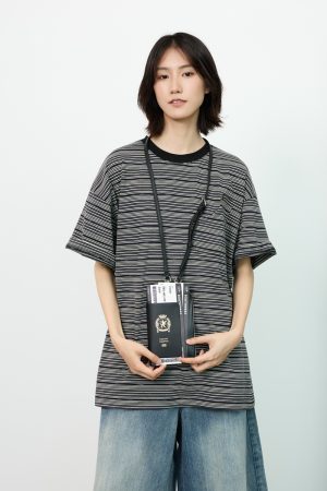 Unisex American Retro Striped Short Sleeve T-Shirt with Round Neck and Cutout Pocket Design - Y2K Style Fashion Top