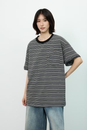 Unisex American Retro Striped Short Sleeve T-Shirt with Round Neck and Cutout Pocket Design - Y2K Style Fashion Top