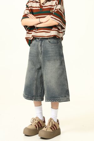 Unisex American Retro Washed Denim Shorts - Trendy Cropped Wide-Leg Straight-Leg Style for Streetwear Fashion