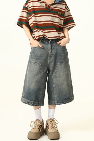 Unisex American Retro Washed Denim Shorts - Trendy Cropped Wide-Leg Straight-Leg Style for Streetwear Fashion