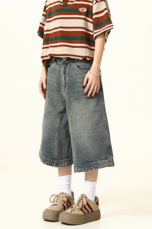 Unisex American Retro Washed Denim Shorts - Trendy Cropped Wide-Leg Straight-Leg Style for Streetwear Fashion