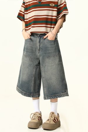 Unisex American Retro Washed Denim Shorts - Trendy Cropped Wide-Leg Straight-Leg Style for Streetwear Fashion