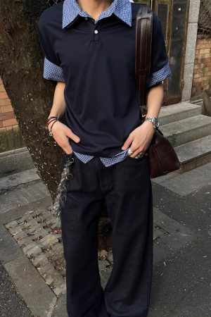 Unisex American-Style Plaid Polo Shirt - Spliced Faux Two-Piece, Loose Casual Short Sleeve for Summer Trend