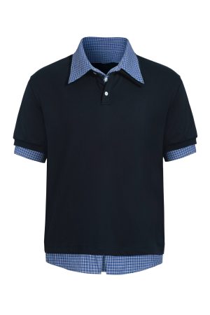 Unisex American-Style Plaid Polo Shirt - Spliced Faux Two-Piece, Loose Casual Short Sleeve for Summer Trend