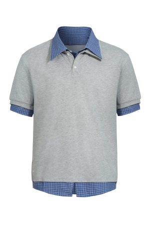 Unisex American-Style Plaid Polo Shirt - Spliced Faux Two-Piece, Loose Casual Short Sleeve for Summer Trend