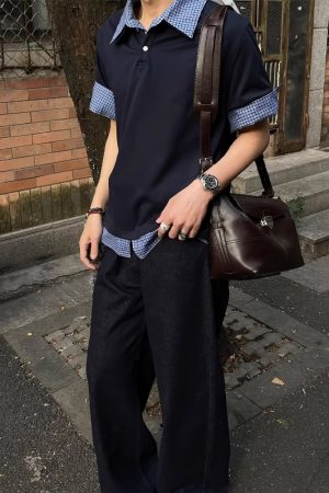 Unisex American-Style Plaid Polo Shirt - Spliced Faux Two-Piece, Loose Casual Short Sleeve for Summer Trend