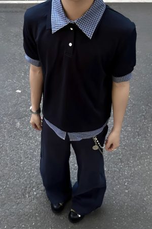 Unisex American-Style Plaid Polo Shirt - Spliced Faux Two-Piece, Loose Casual Short Sleeve for Summer Trend