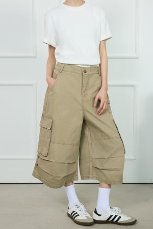 Unisex American-Style Wide-Leg Loose Pleated Seven-Point Shorts for Summer Commuting - Fashionable Workwear with Pockets