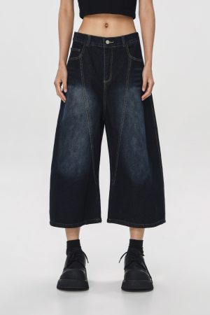 Unisex American Wash Denim Capris - Summer Loose Wide-Leg Pants for Men and Women - Unique 90s Style