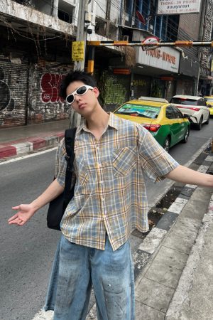 Unisex Brushed Plaid Short Sleeve Shirt - American Style Summer Casual Shirt for Couples, Loose Fit College Trend