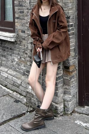 Unisex Caramel Cocoa Suede Motorcycle Jacket with Stand Collar - Vintage Cleanfit Workwear, Trendy Loose Style