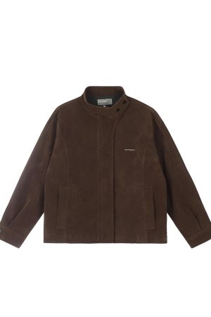 Unisex Caramel Cocoa Suede Motorcycle Jacket with Stand Collar - Vintage Cleanfit Workwear, Trendy Loose Style