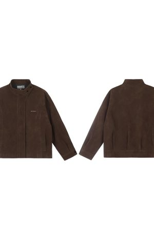 Unisex Caramel Cocoa Suede Motorcycle Jacket with Stand Collar - Vintage Cleanfit Workwear, Trendy Loose Style