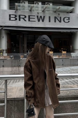 Unisex Caramel Cocoa Suede Motorcycle Jacket with Stand Collar - Vintage Cleanfit Workwear, Trendy Loose Style