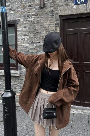 Unisex Caramel Cocoa Suede Motorcycle Jacket with Stand Collar - Vintage Cleanfit Workwear, Trendy Loose Style