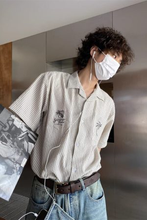 Unisex Cuban Collar Striped Short-Sleeve Shirt with Coconut Tree Embroidery - Retro Hawaiian Style Beach Shirt