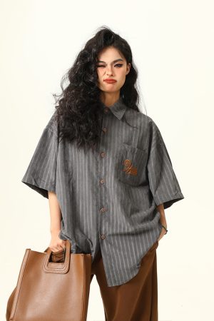 Unisex Deep Gray Short-Sleeve Work Shirt - Loose Fit American Style Summer Couples Top