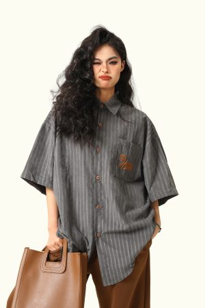 Unisex Deep Gray Short-Sleeve Work Shirt - Loose Fit American Style Summer Couples Top