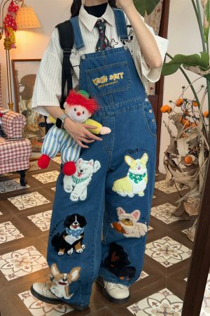 Unisex Handmade Vintage Dog Denim Overalls, Loose BF Style, Cute Japanese Jumpsuit, Trendy 90s Aesthetic