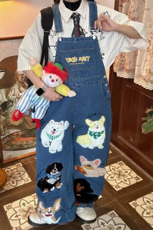 Unisex Handmade Vintage Dog Denim Overalls, Loose BF Style, Cute Japanese Jumpsuit, Trendy 90s Aesthetic