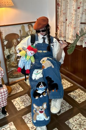 Unisex Handmade Vintage Dog Denim Overalls, Loose BF Style, Cute Japanese Jumpsuit, Trendy 90s Aesthetic