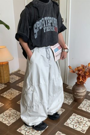 Unisex High Street Vintage Work Pants with Drawstring, Multi-Pocket, Loose Fit Wide-Leg Design - Retro Style for Men and Women